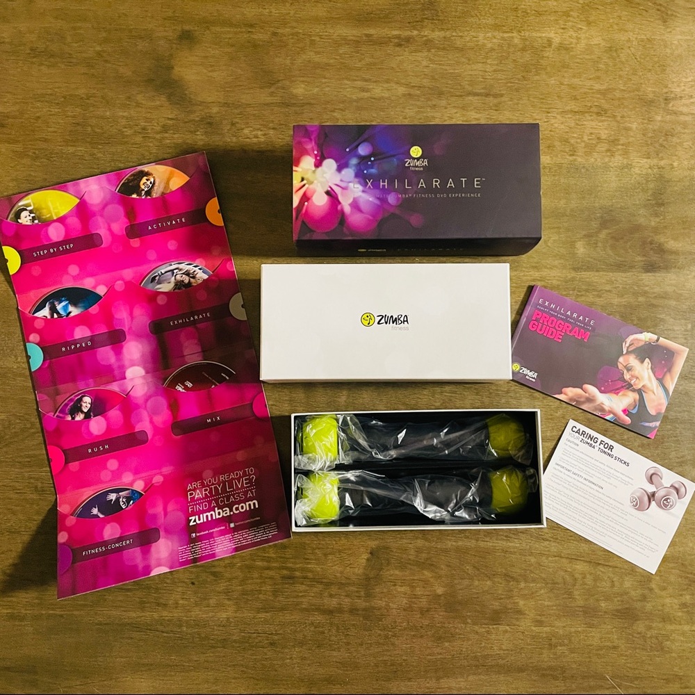 Zumba Fitness Exhilarate 7 DVD SET + Toning Sticks Dance Exercise Workout EUC